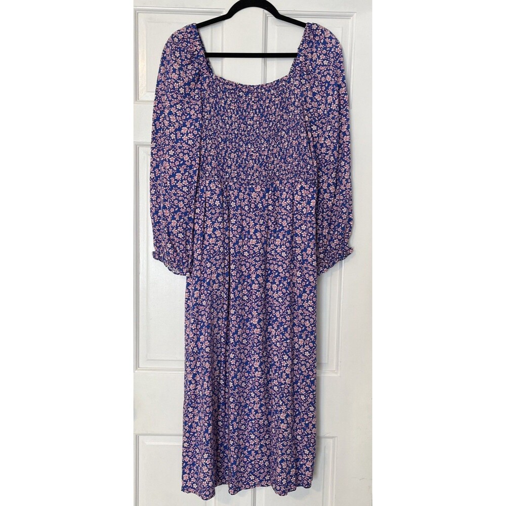 J Crew Midi Dress Medium Floral Blue Milkmaid Smocked Cottage Core Romantic